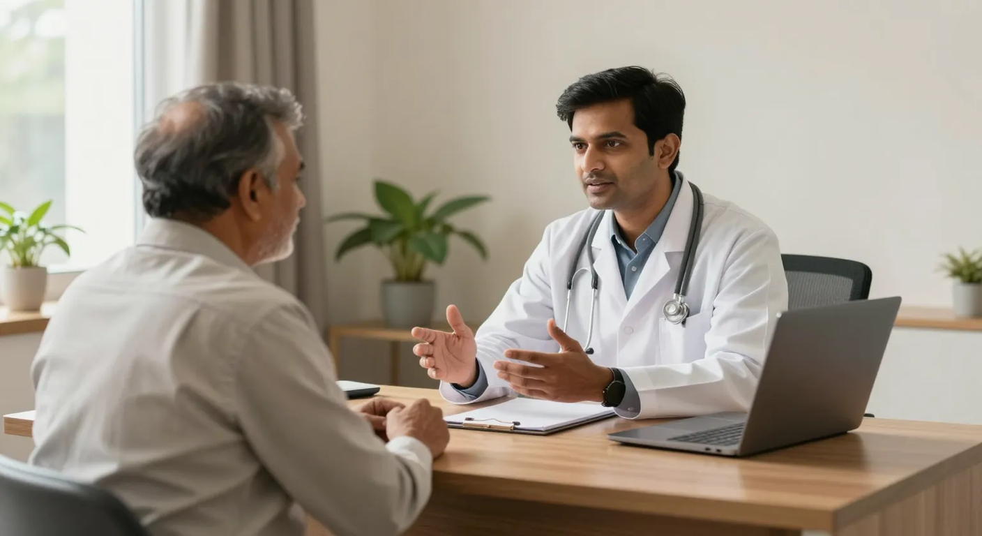 Male chest contouring consultation at Elegance Clinic, Surat Male patient discussing a chest skin folds problem with a doctor across a consultation desk in a modern Surat clinic