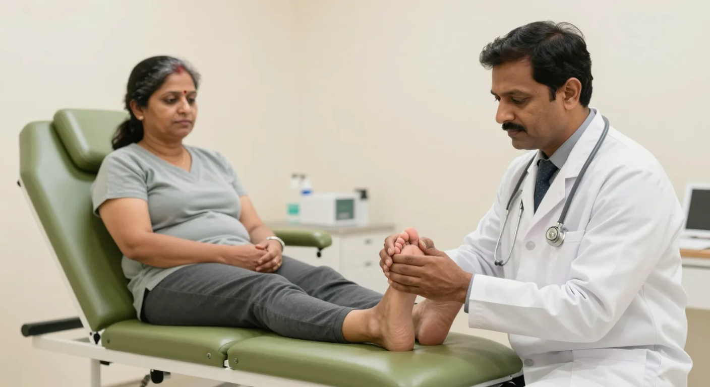 Foot examination for corns, Elegance Clinic, Surat Doctor examining the sole of a patient's foot for corns in a clinic