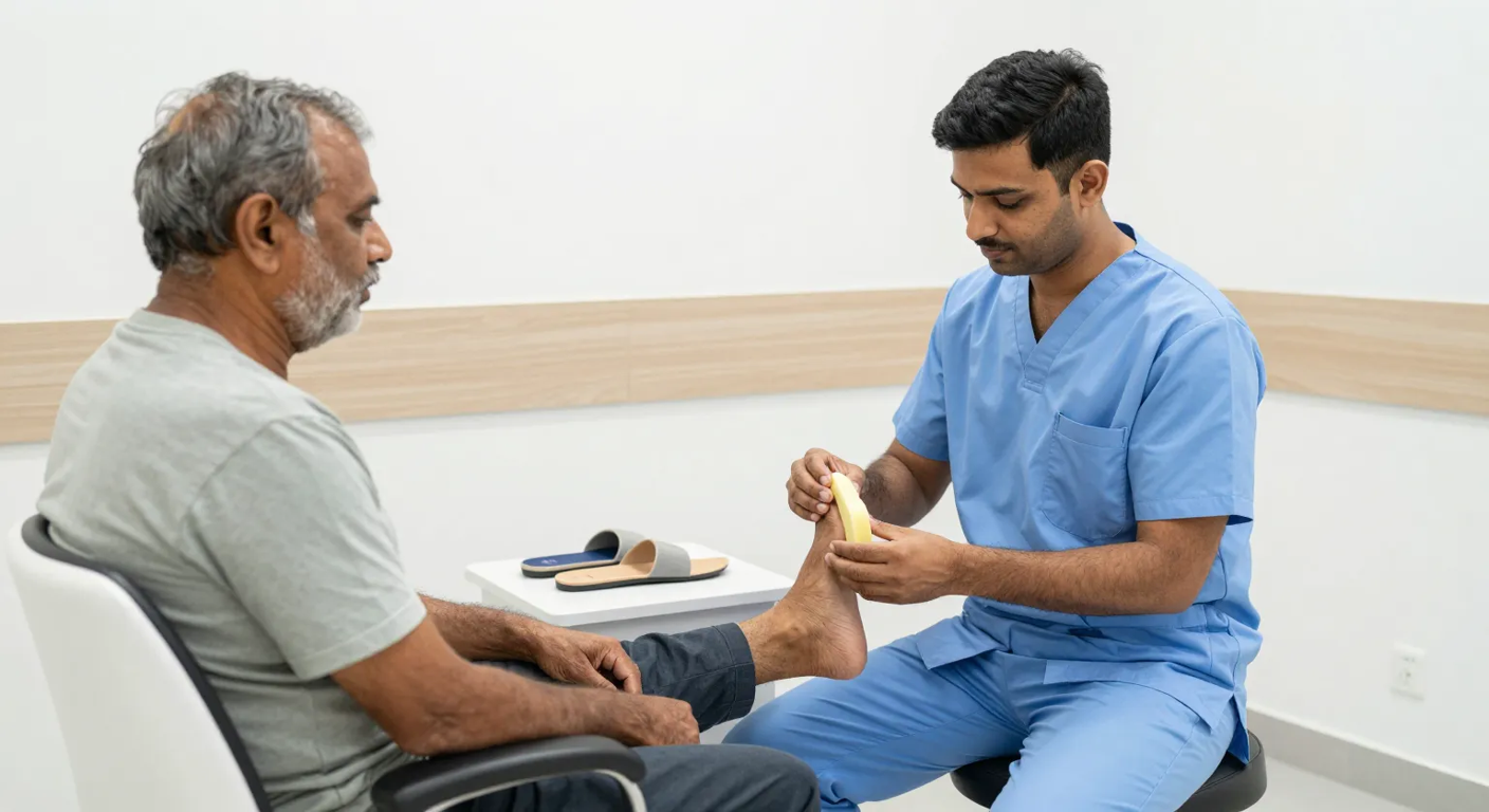 Custom orthotics ane offloading insole Elegance Clinic, Surat ma Technician taking a foot impression of a diabetic patient to make custom orthotic insoles at a modern clinic in Surat
