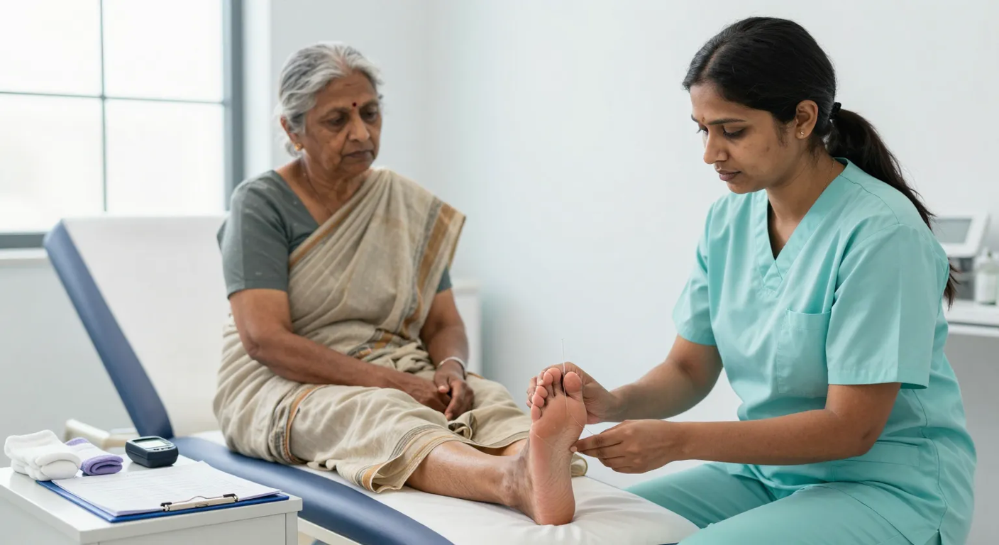 Diabetic foot screening and sensation testing at Elegance Clinic, Surat Nurse checking a diabetic patient's foot sensation with a monofilament during a routine diabetic foot care screening in Surat