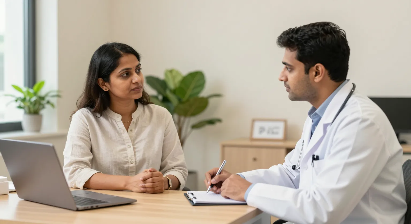 Consultation for skin folds under the breast at Elegance Clinic, Surat Woman discussing skin fold and breast concerns with a plastic surgeon during a private consultation in Surat