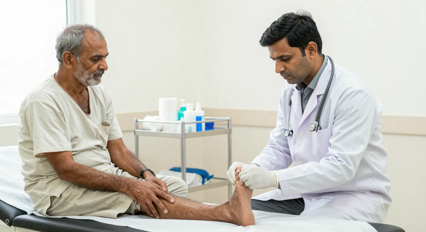 Foot ulcer assessment and wound care at Elegance Clinic, Surat Wound care specialist assessing a foot ulcer on a diabetic patient's foot during a consultation at a modern Surat clinic