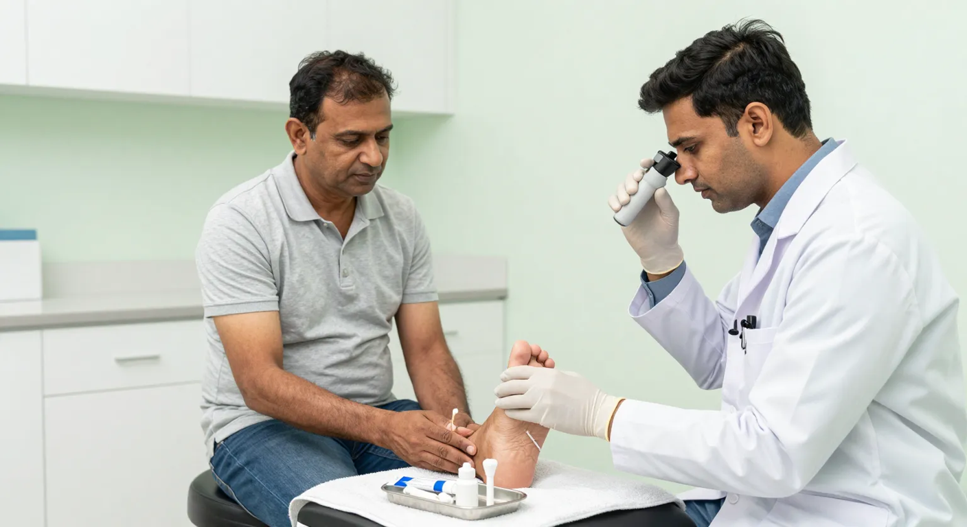 Dermatologist examining scaling skin between the toes during fungal foot infection treatment at a modern Surat clinic
