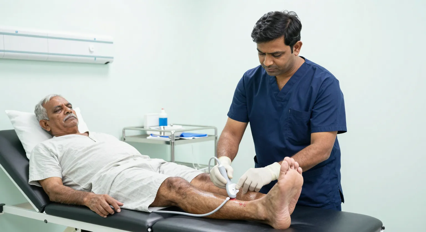 Gangrene assessment and limb salvage at Elegance Clinic, Surat Surgeon checking blood flow in a diabetic patient's foot with a Doppler probe during urgent assessment in Surat