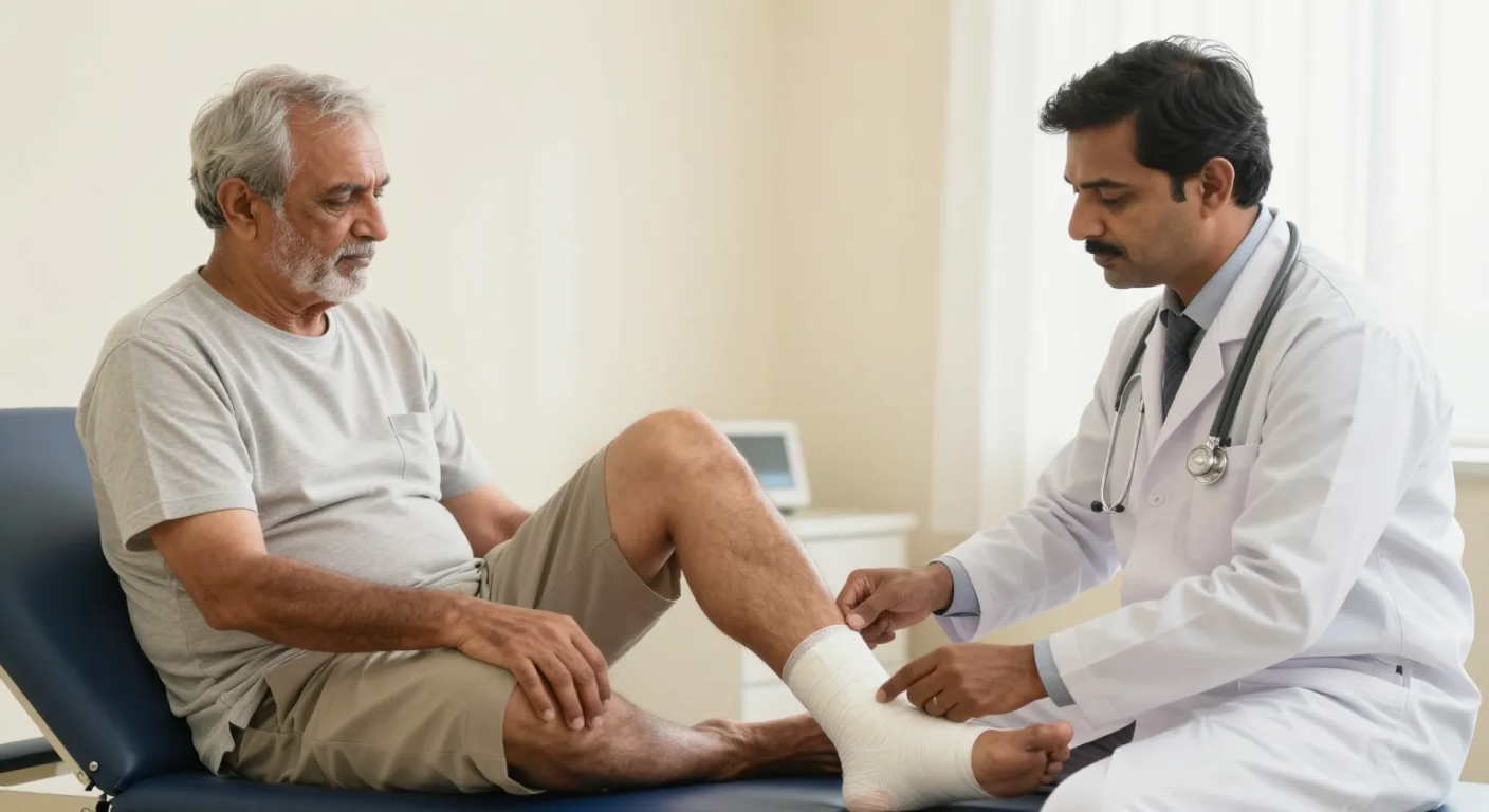 Leg ulcer examination, Elegance Clinic, Surat Doctor examining a bandaged leg ulcer of an elderly patient in a clinic