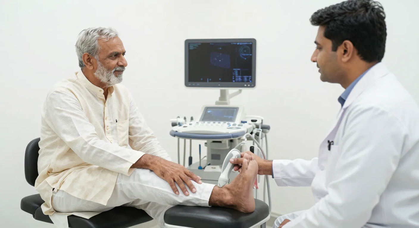 Doppler circulation assessment before limb salvage surgery at Elegance Clinic, Surat Surgeon performing a Doppler circulation check on an elderly patient's foot during limb salvage assessment