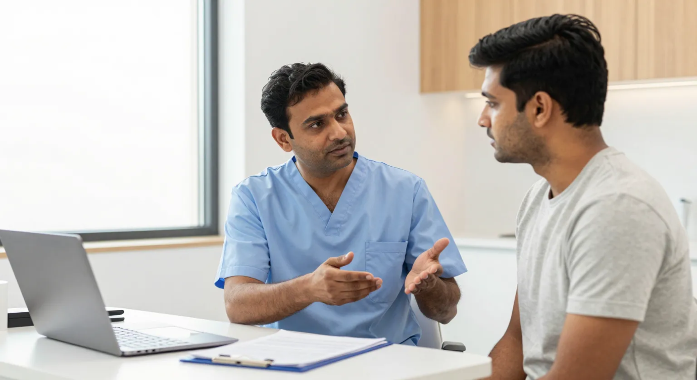 Male chest and gynecomastia consultation at Elegance Clinic, Surat Man discussing a man boobs fix with a plastic surgeon during a chest assessment in a modern Surat clinic