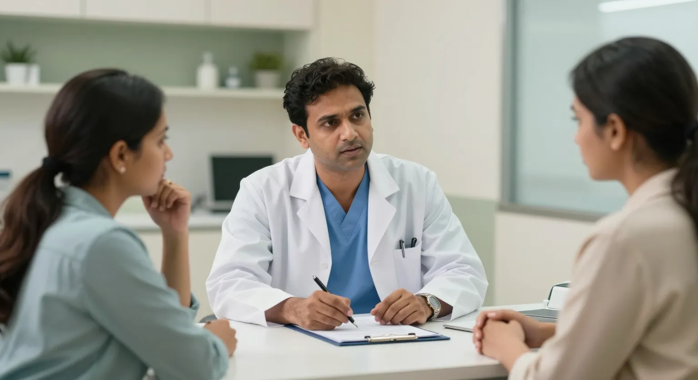 Urgent infection consultation, Elegance Clinic, Surat Surgeon discussing urgent infection treatment with a worried couple in a clinic