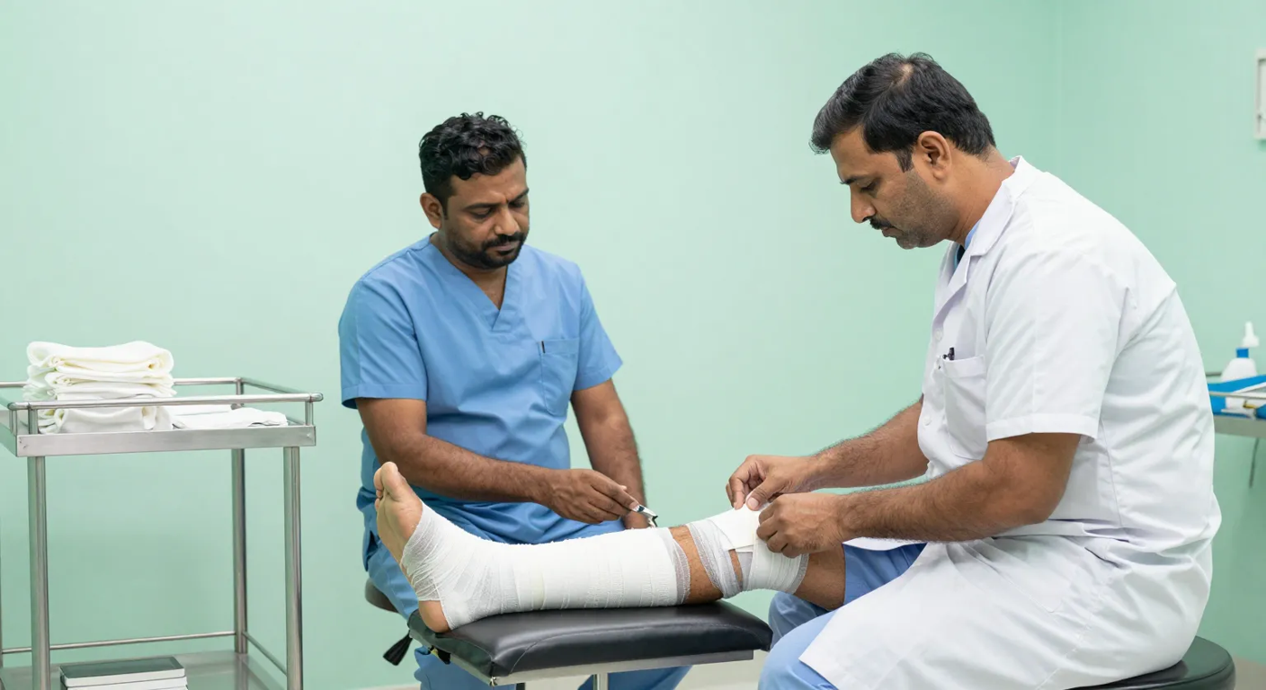 Surgeon and nurse applying a sterile dressing to a patient's lower leg during non-healing leg ulcer treatment