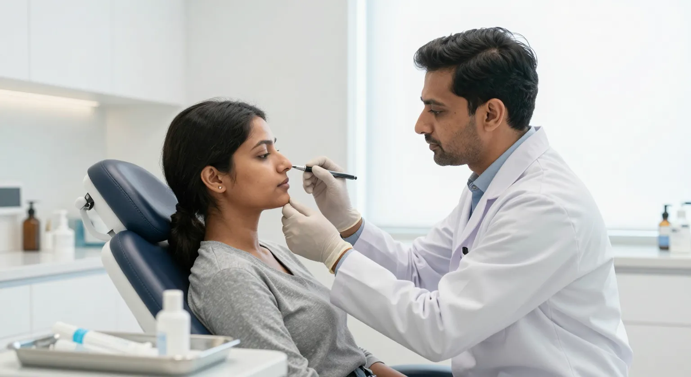Nasal assessment before botulinum toxin injections at Elegance Clinic, Surat Doctor assessing a patient's nose profile before nose Botox treatment in a modern aesthetic clinic in Surat