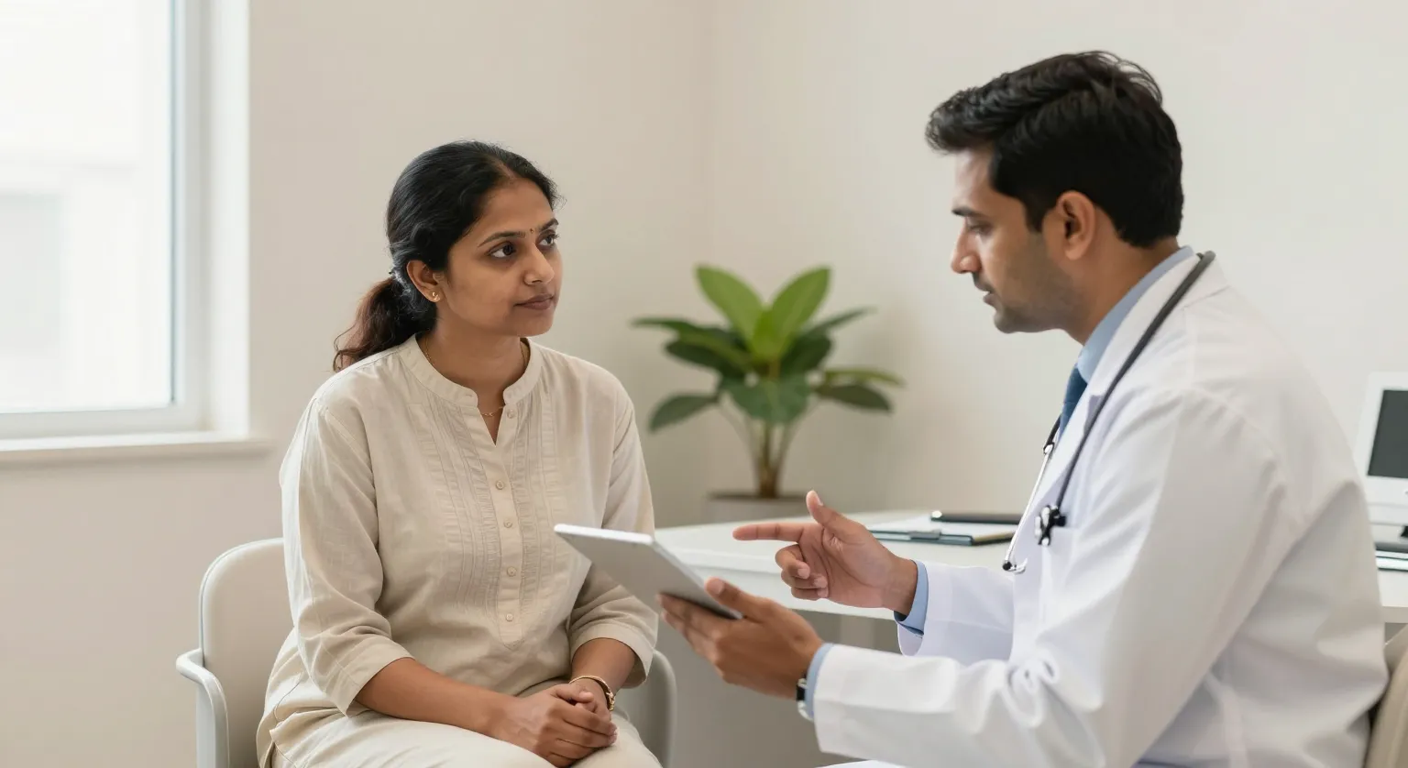 Breast lift and reshaping consultation at Elegance Clinic, Surat Woman in consultation with a plastic surgeon discussing sagging breast treatment options in a private modern clinic room in Surat