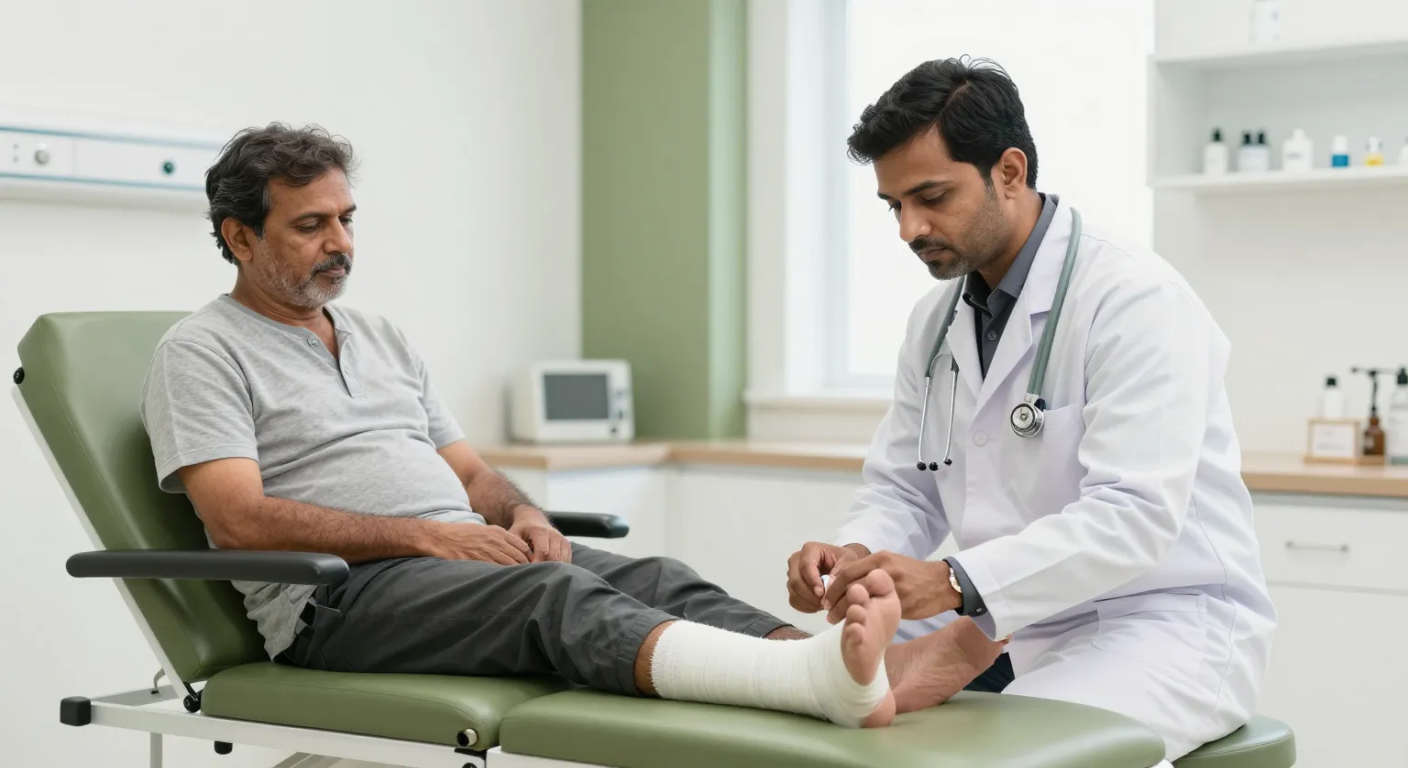 Pag na gha ni tapas, Elegance Clinic, Surat Doctor examining a bandaged foot wound at a modern wound care clinic