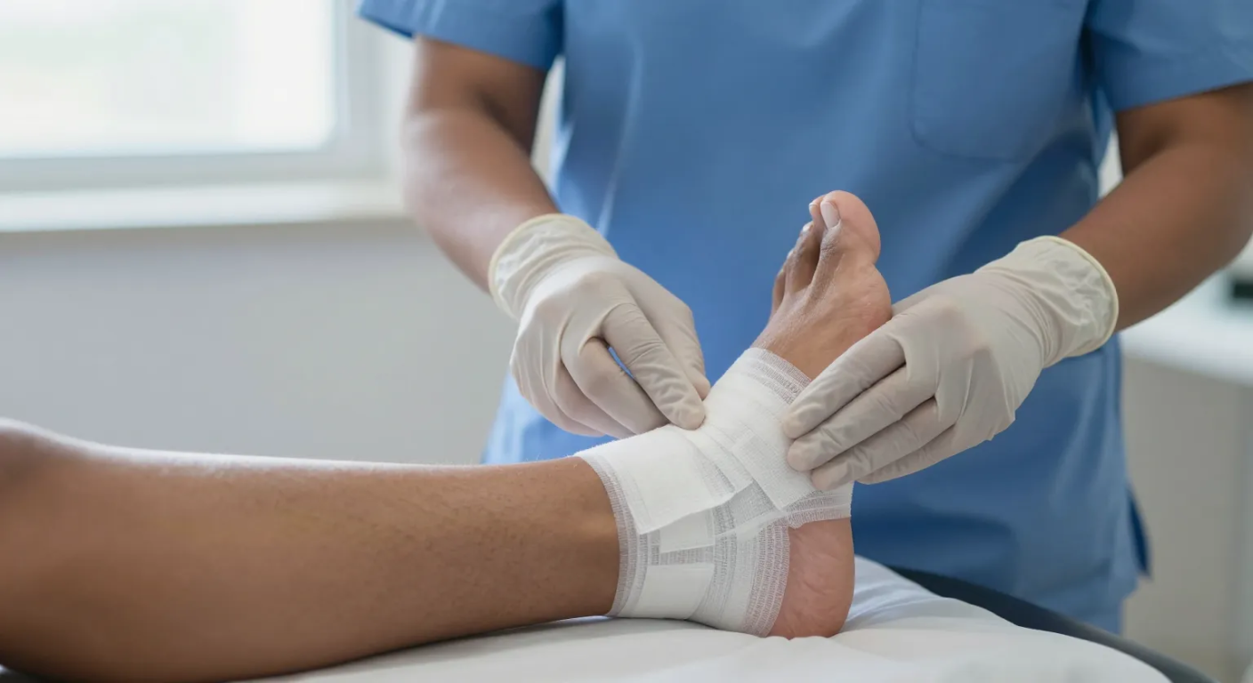 પગના ઘાની ડ્રેસિંગ, Elegance Clinic, સુરત Nurse applying a fresh dressing to a foot wound at a modern clinic