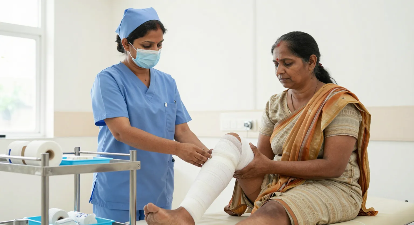 Nurse applying a compression bandage to a patient's lower leg with a venous ulcer at a wound care clinic in Surat