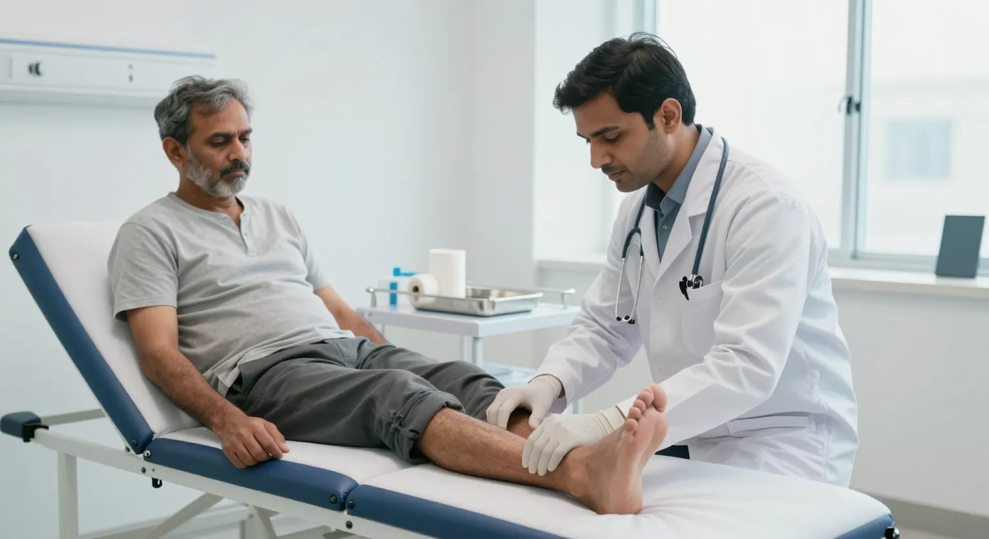 Venous leg ulcer assessment and compression treatment at Elegance Clinic, Surat Doctor assessing a swollen lower leg with an open ankle wound before applying compression bandaging in a modern Surat clinic